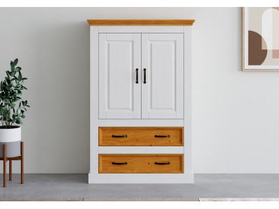 Estante gabinete de madeira com duas gavetas estilo alemão branco lavado e cera | Coleção England